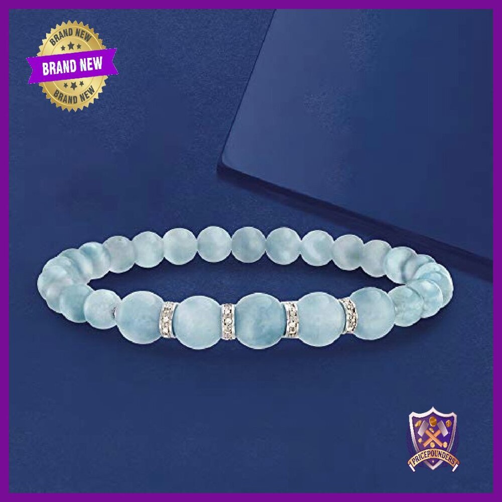 Sterling Silver Diamond Aquamarine Stretch Bracelet 8 Inch - Picture 4 of 6